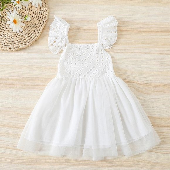 Styles I Love Other - White Embroidered Eyelet Tulle Dress Little Girl Ruffle Crisscross Dress